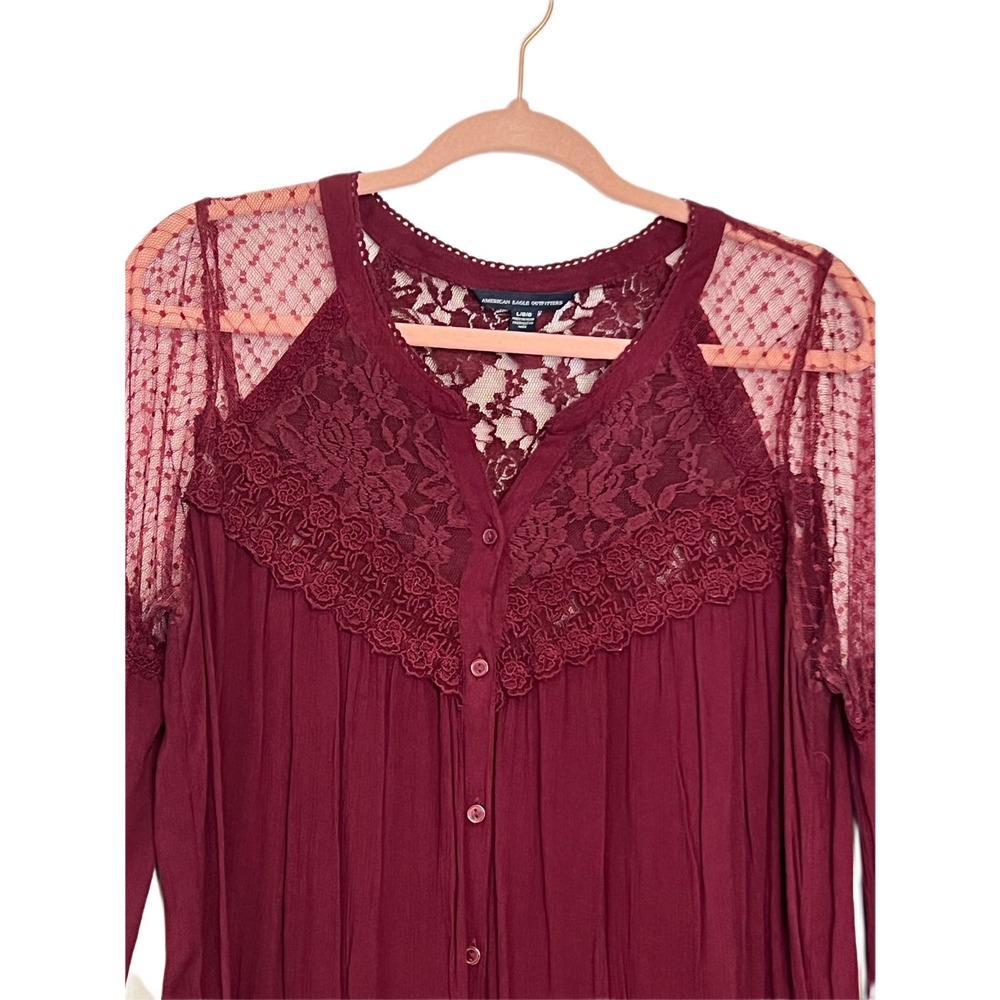 American Eagle Outfitters Burgandy Long Sleeves Tunic Lace Button Up Top Size L - Picture 2 of 10